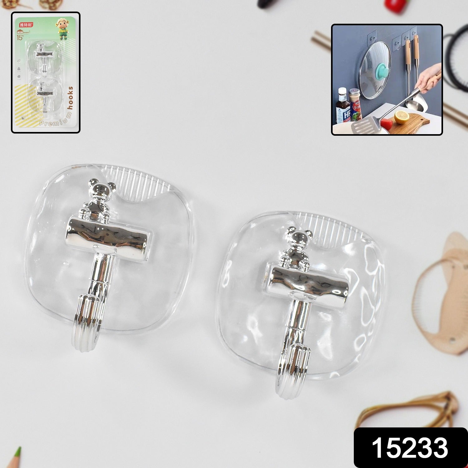 Plastic heavy-duty self adhesive wall hook holding keys and towel