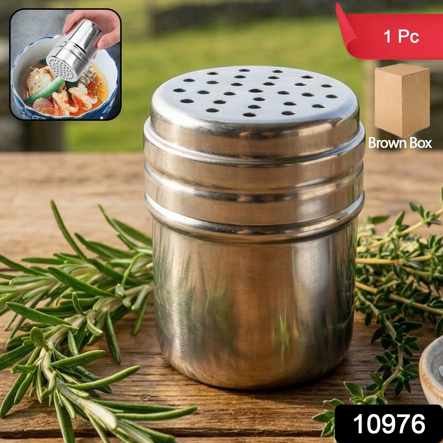 Closeup of stainless steel shaker jar for salt and pepper in kitchen