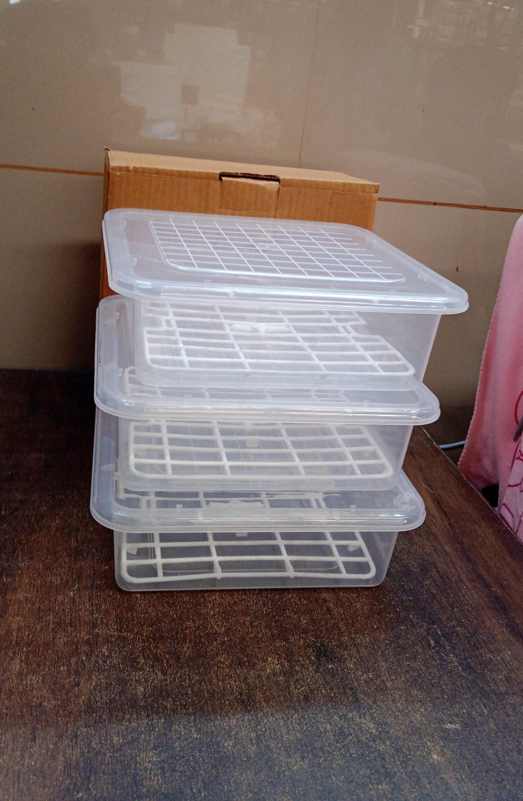Side view of clear plastic food storage container with removable draining tray
