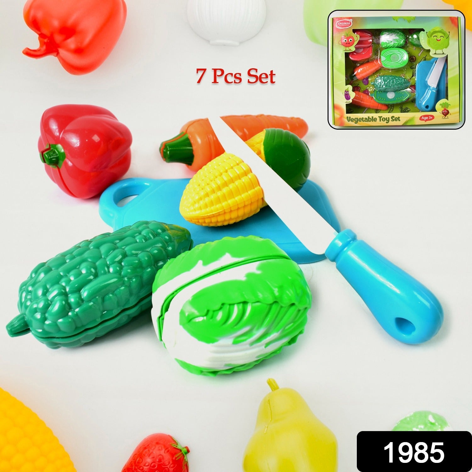 Close-up of vibrant toy vegetables featuring hook-and-loop fasteners for pretend slicing.