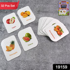 Children playing and learning with fruit flashcards in a classroom setting