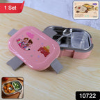 Open kids tiffin box showcasing a multi-section stainless steel tray with food.
