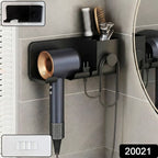 Hair dryer holder securely mounted on bathroom wall with grooming shelf