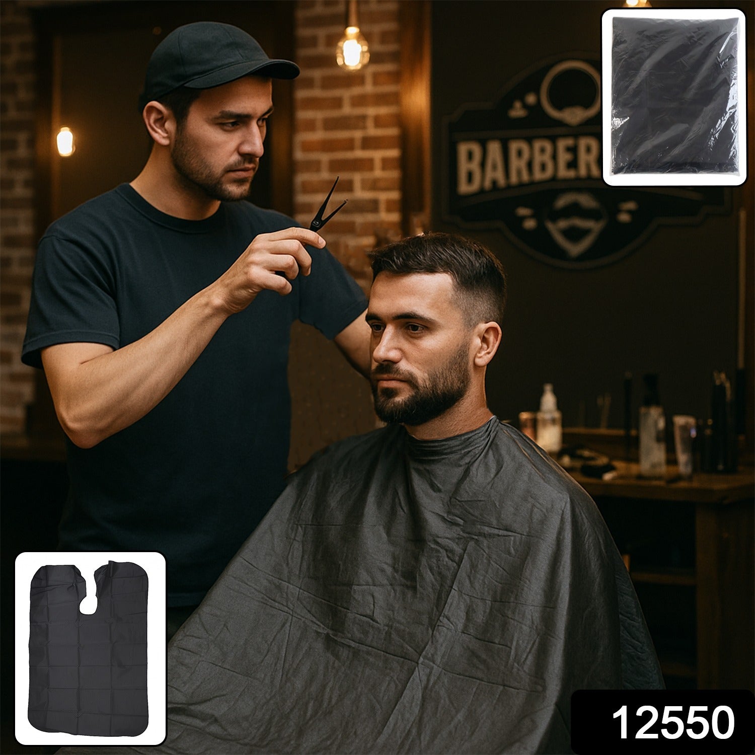 Black barber cape designed for salon use with adjustable neck