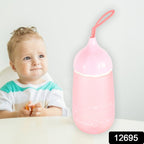 Close-up of the plastic water bottle, highlighting its distinctive long neck cap.