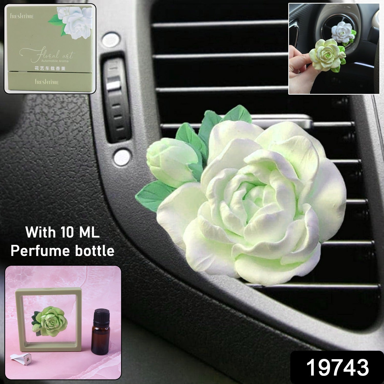 Close-up of elegant rose flower air freshener clip for car AC vent