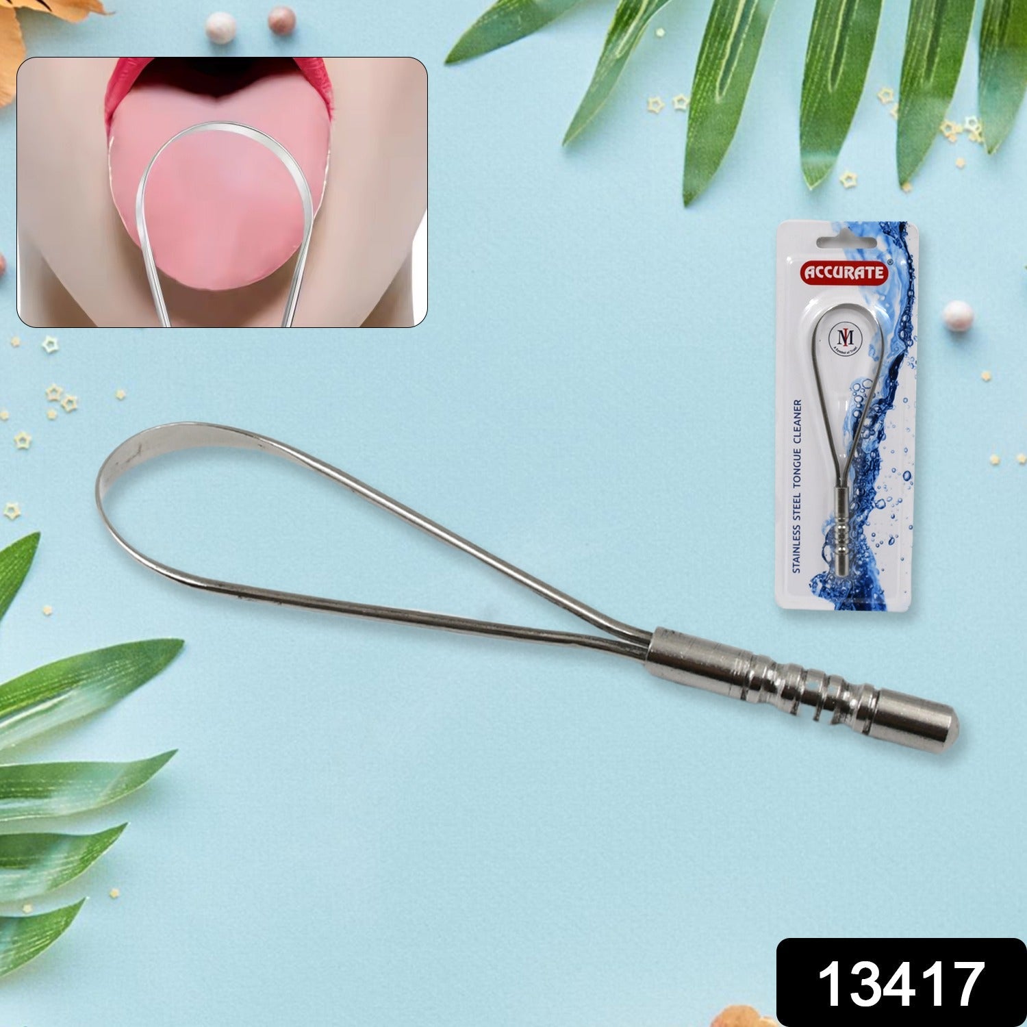 MintGuard Steel Tongue Cleaner held by a hand, showing its ergonomic design.
