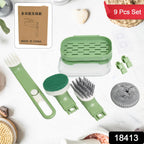 VelvetBubbles Dish Brush Set components neatly laid out, showcasing the handle, three brush heads, and drain tray.