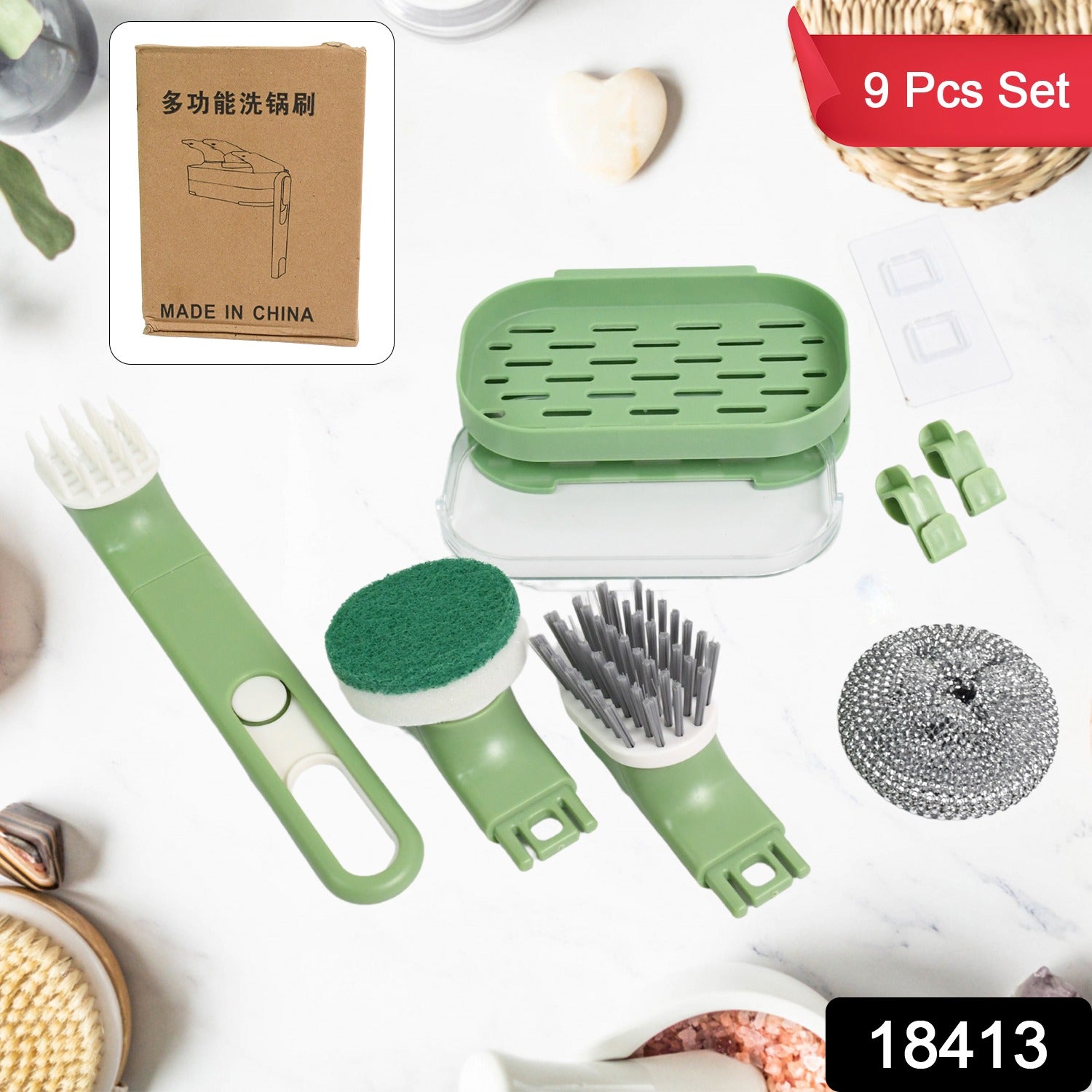 VelvetBubbles Dish Brush Set components neatly laid out, showcasing the handle, three brush heads, and drain tray.