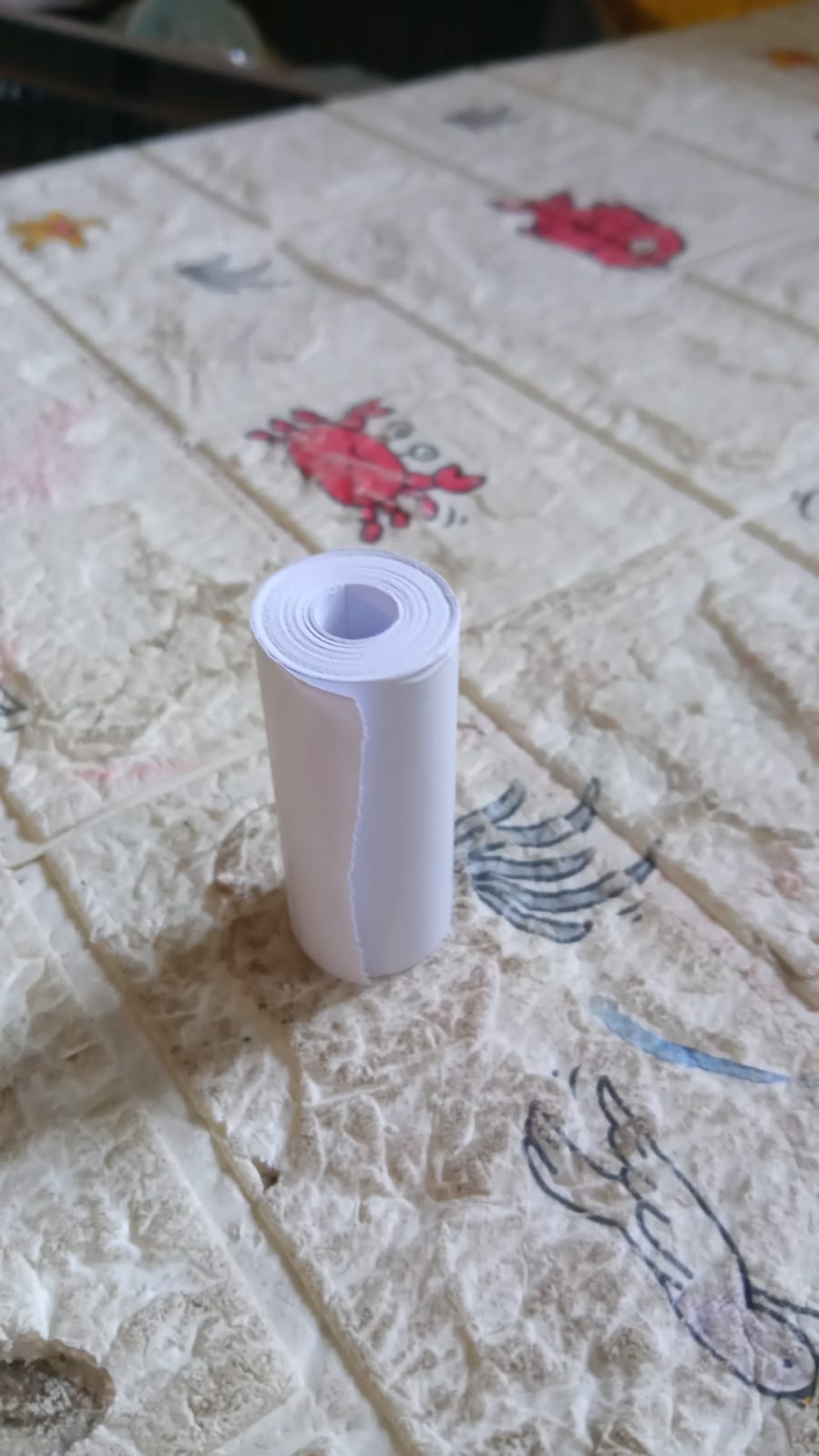 An overhead view of the thermal printer paper roll and a mini printer on a workspace.