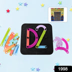 Child's hands arranging colourful alphabet and number puzzle pieces.
