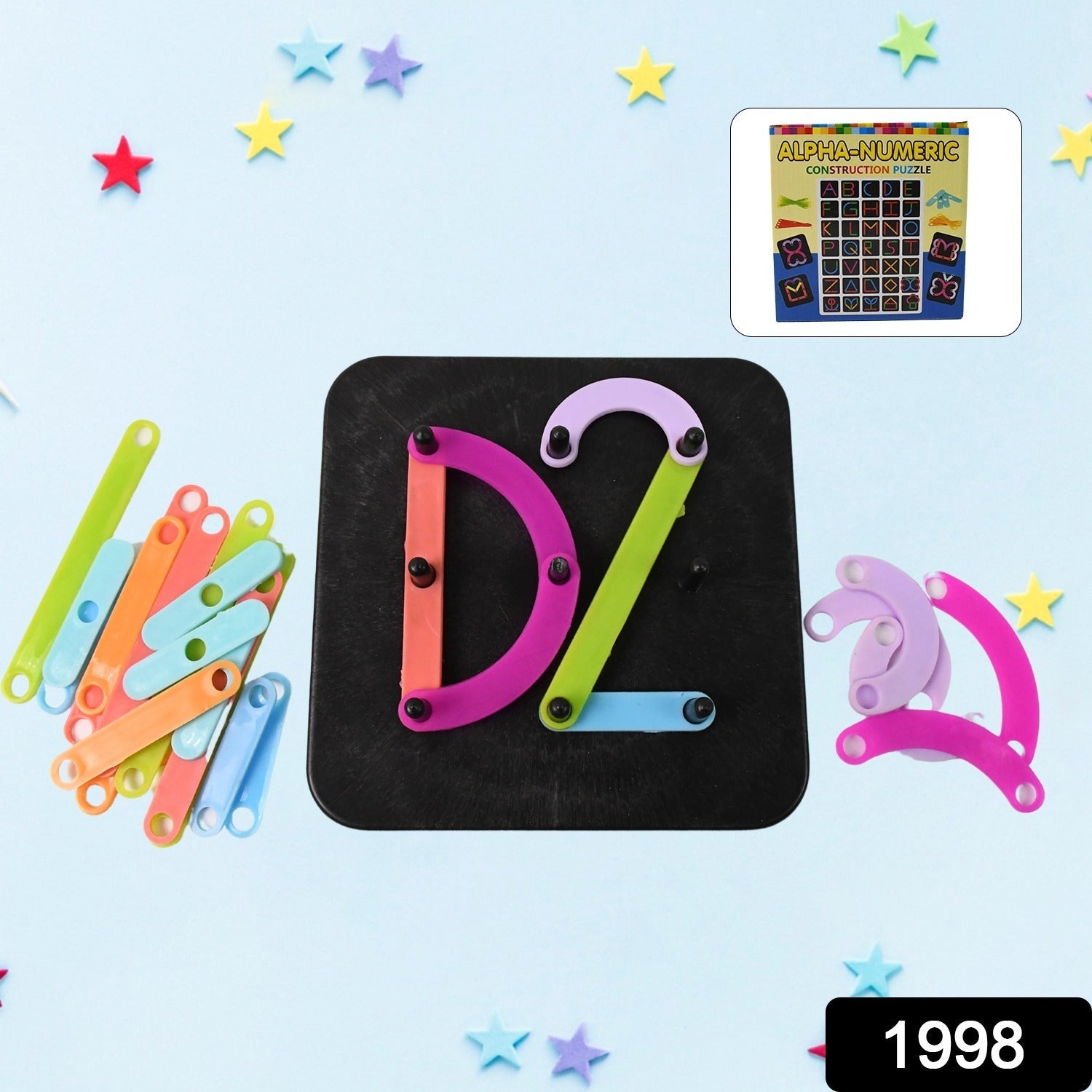 Child's hands arranging colourful alphabet and number puzzle pieces.