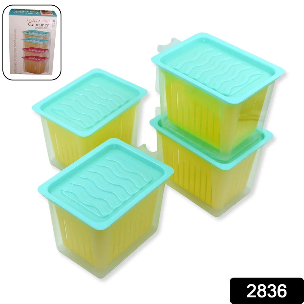 Set of four clear plastic food containers with handles, perfect for kitchen storage.