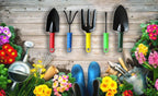 A collection of individual gardening hand tools, including a weeder and trowel, against a natural background.