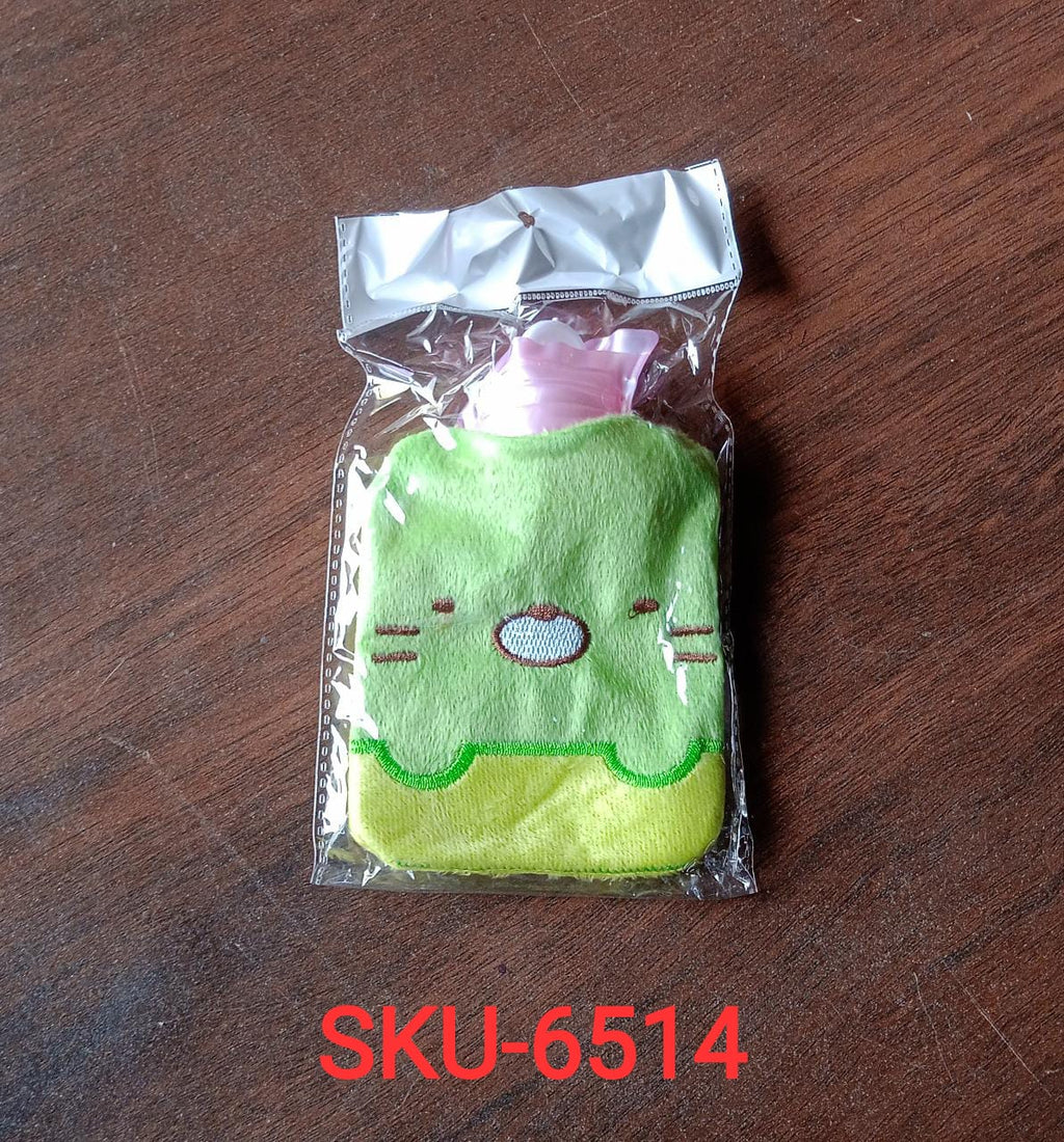 Overhead view of the Green Kitty Hot Water Bag, ready for use and warmth.