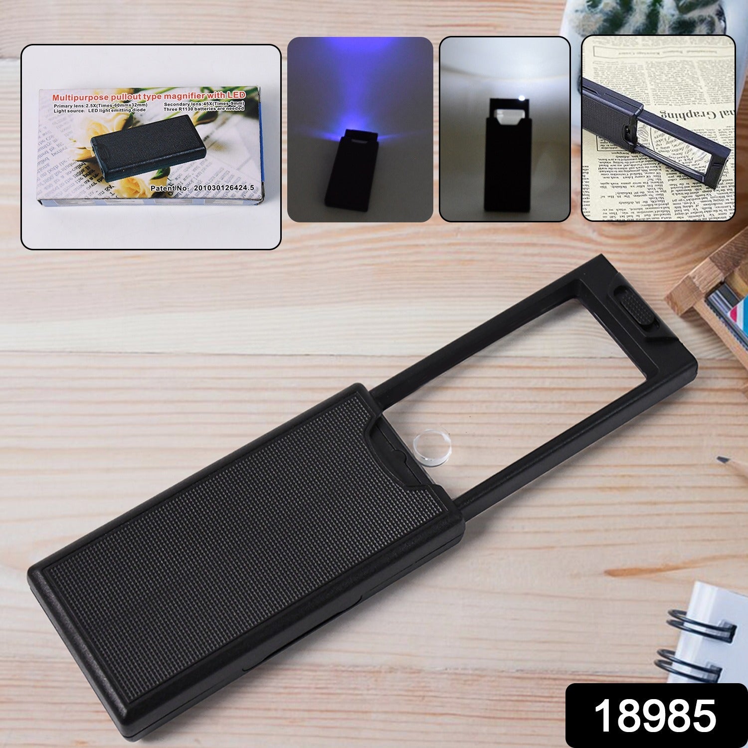 Bright LED light illuminating magnifier for low light reading