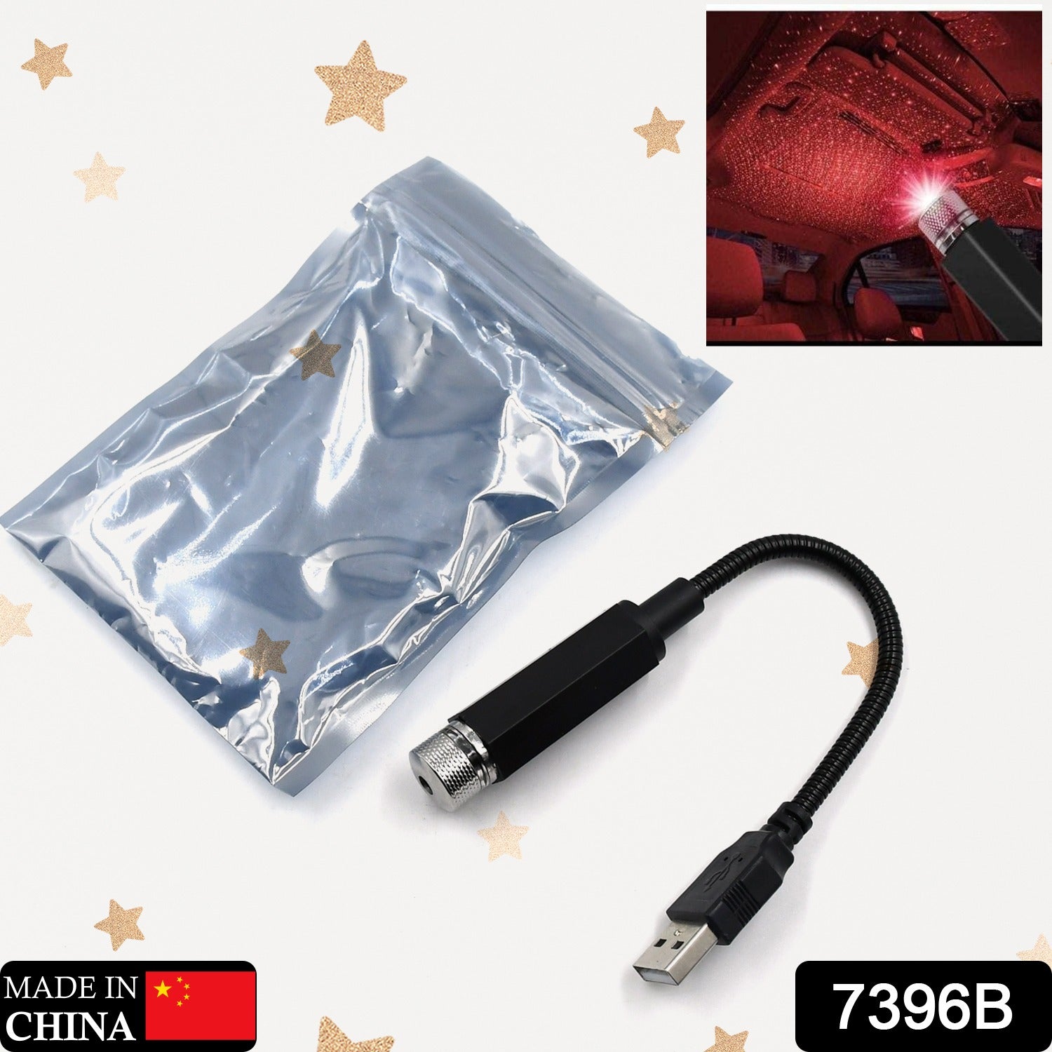 Adjustable USB Star Projector casting a romantic galaxy light on a car ceiling.