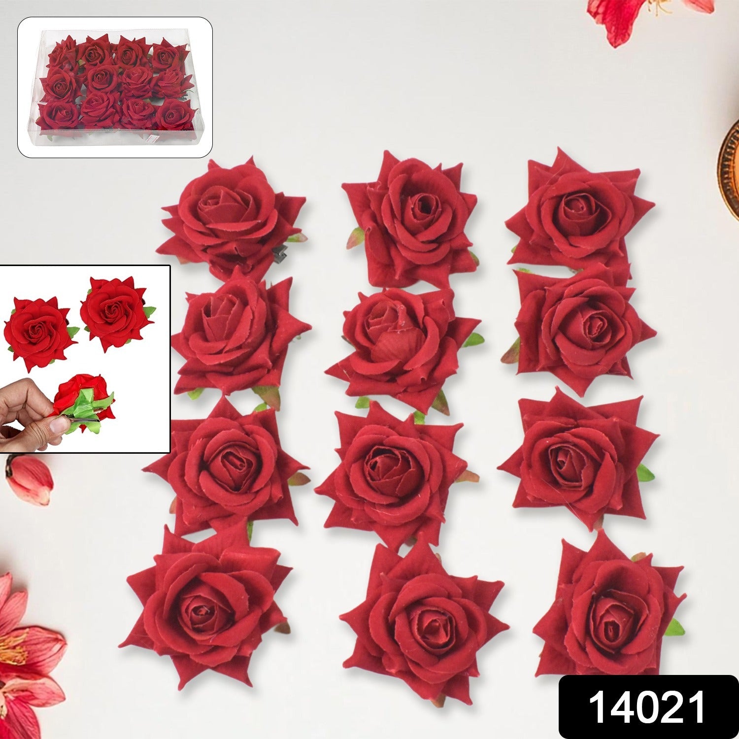 Close-up of the delicate red velvet rose hair pin, showcasing its intricate floral design.