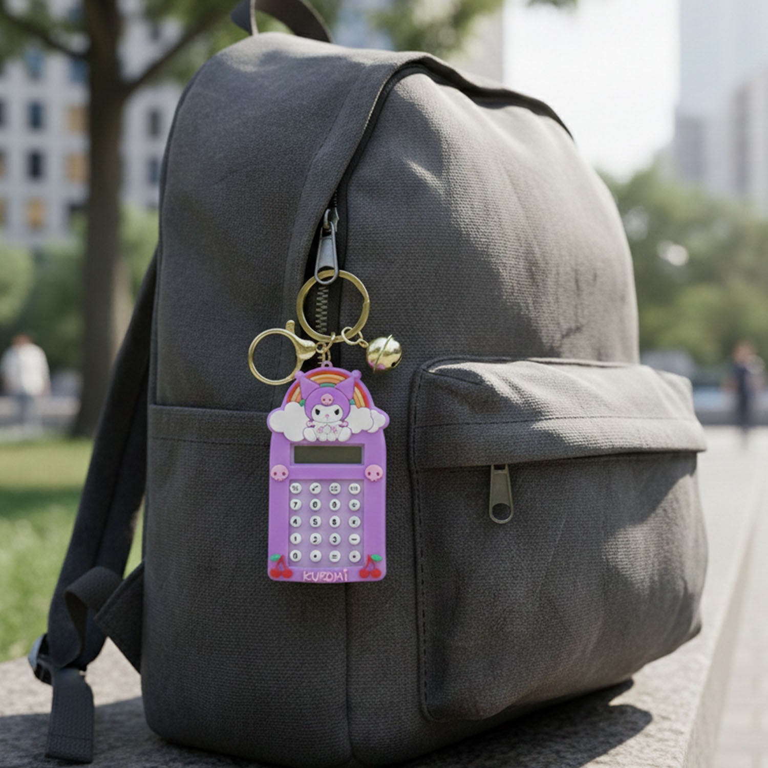 Portable Kuromi cartoon themed digital calculator keychain showing buttons