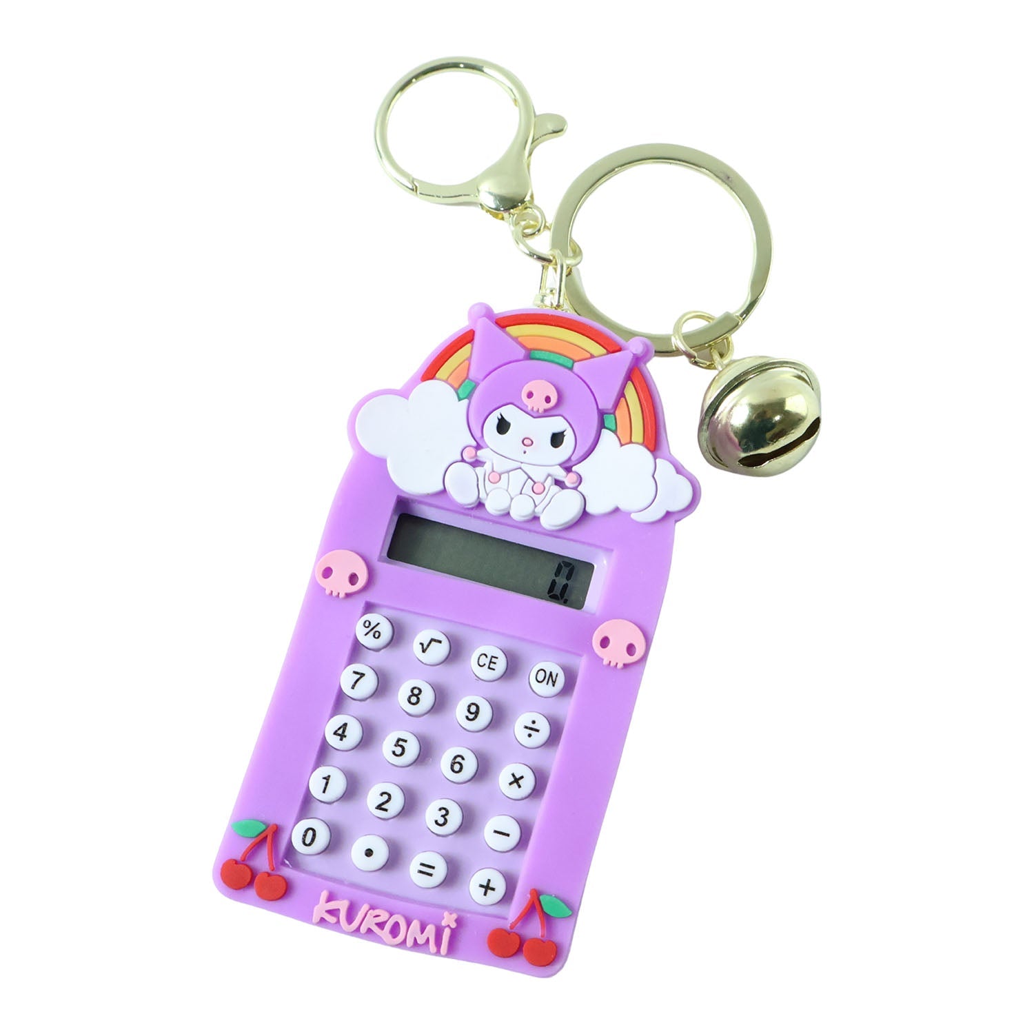 Compact Kuromi calculator keychain with attached decorative bell and key ring