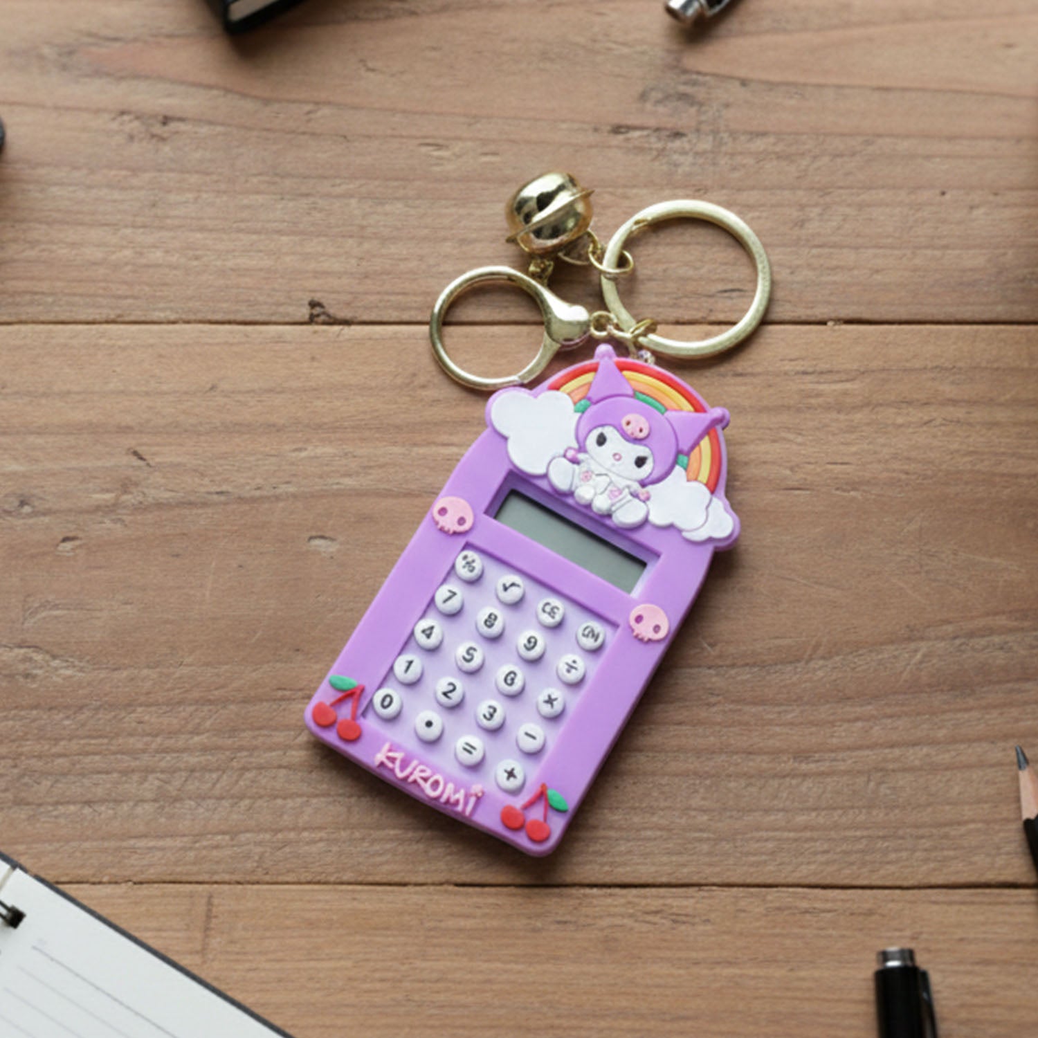 Kuromi digital calculator keychain side view showing slim design