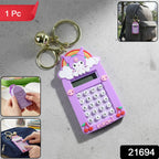 Close-up of Kuromi mini digital calculator keychain with clear display