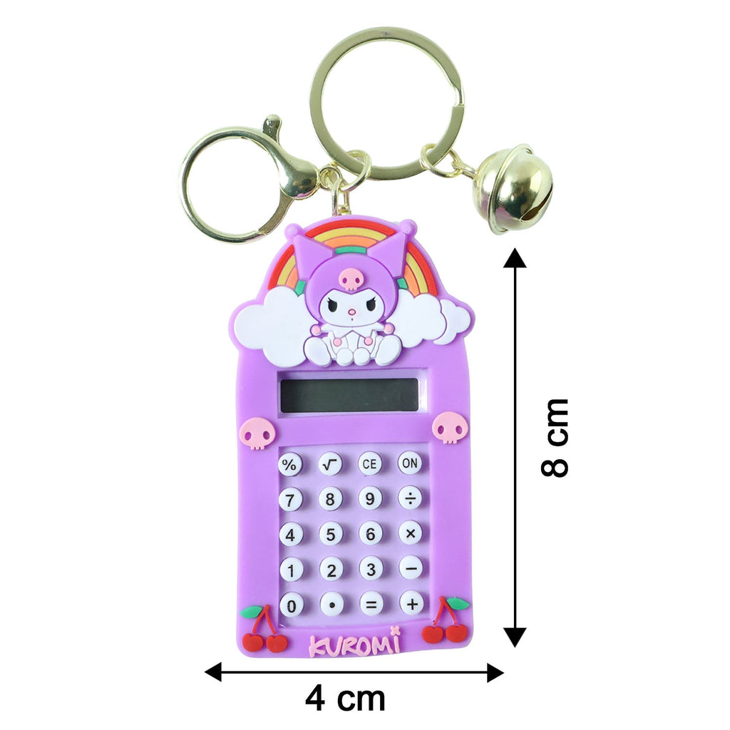 Size dimensions of Kuromi calculator keychain shown on ruler