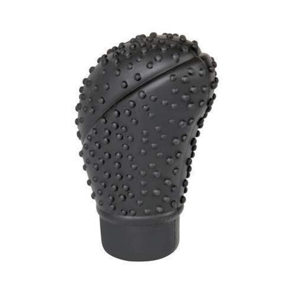 Side view of the flexible gear shift knob cover in black.