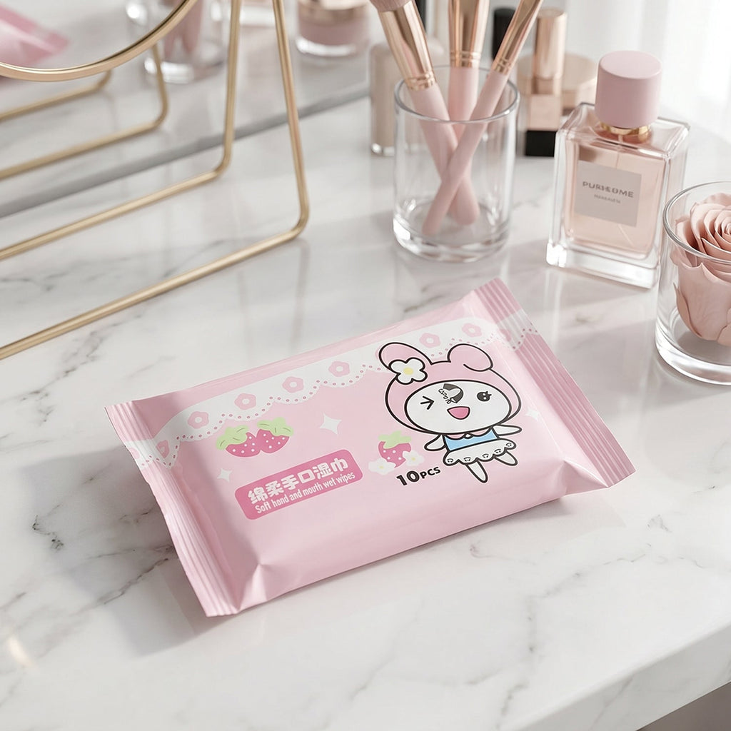 Wet wipes with cartoon print used for hand cleaning