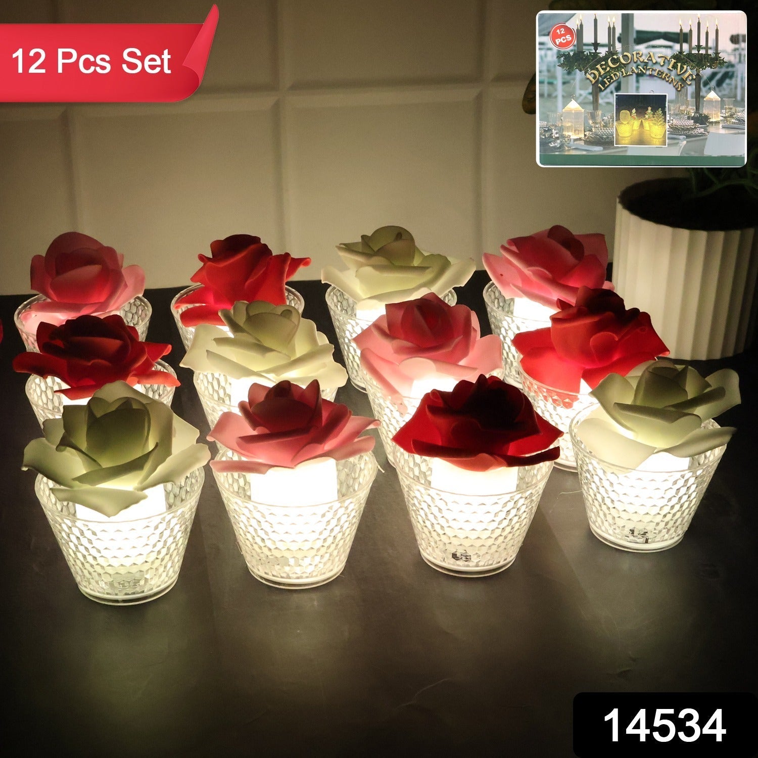 Close-up of rose shaped decorative flameless LED candle in textured glass holder