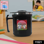 Top-down view of the 250 ml insulated cat mug with a secure lid and handle.