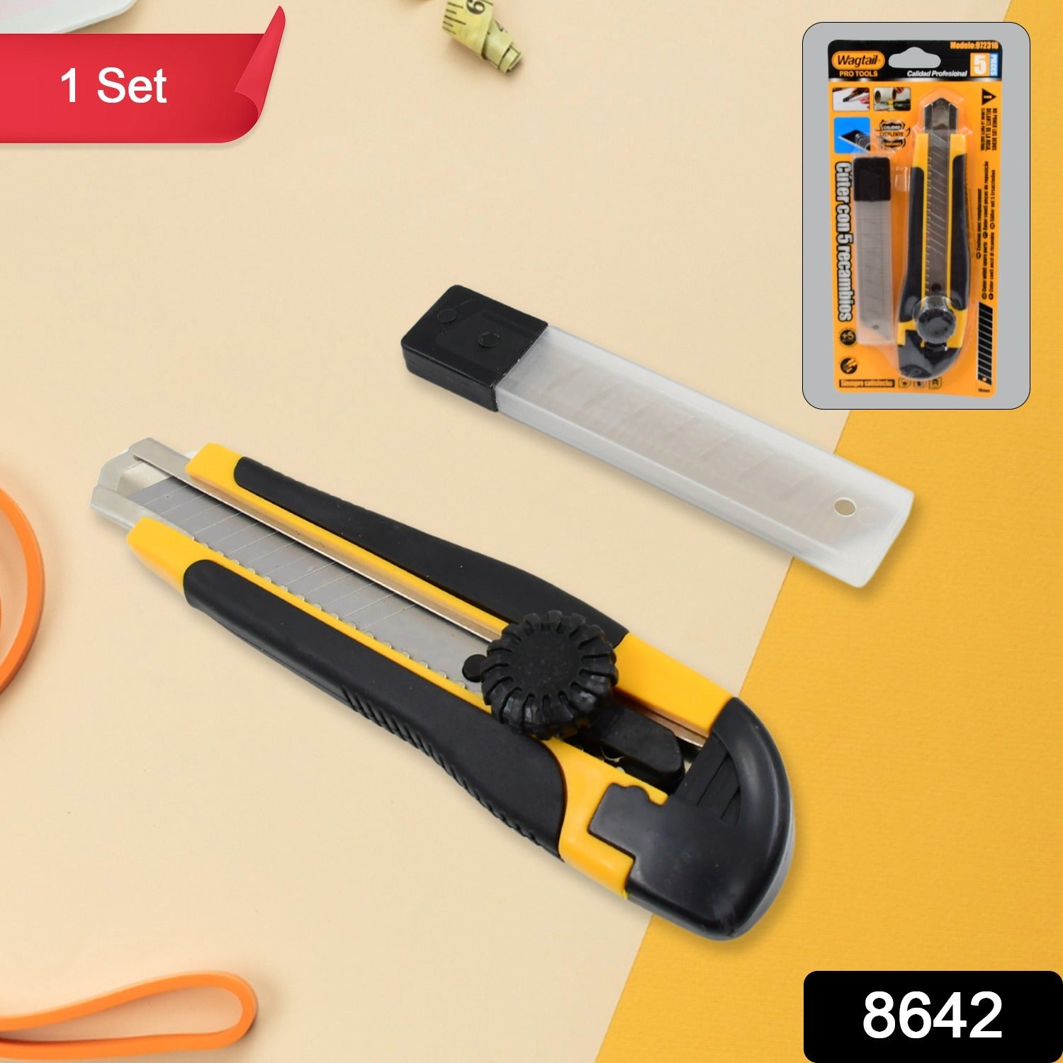 Cutter knife set displaying the utility knife and four replacement blades.