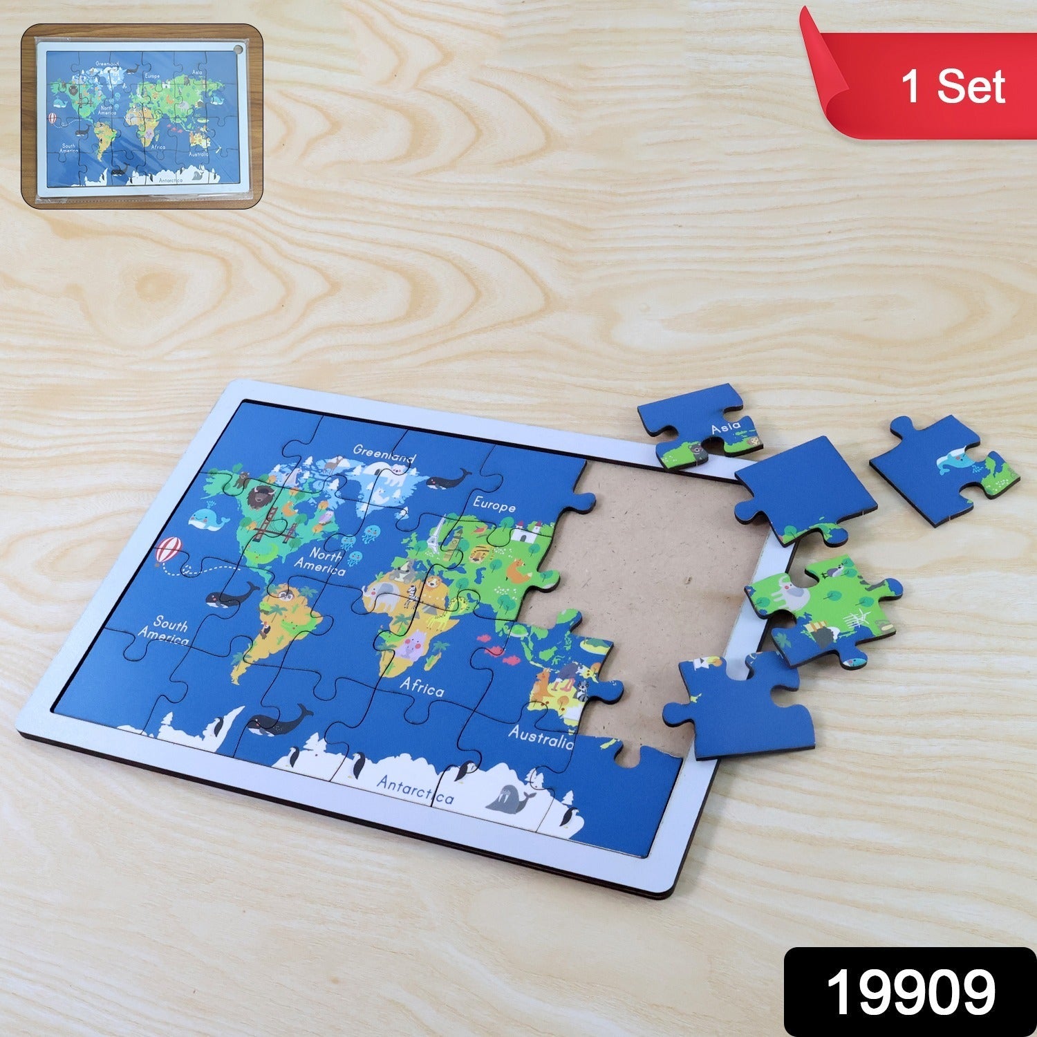 Children happily assembling pieces of the colorful wooden world map puzzle.