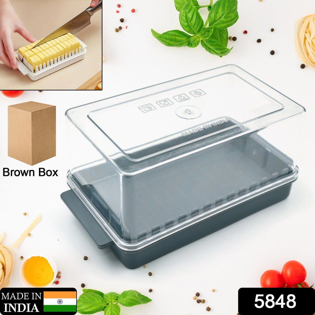 Butter slicer and storage box with its secure lid, showcasing the clear food-grade plastic.