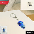 Trendy cartoon themed acrylic keychain showing blue animated character charm