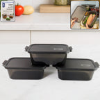 Set of 3 rectangular food storage containers with secure clip-lock lids.