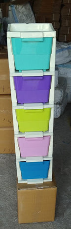 Vertical view of the multi-colored modular drawer storage system, highlighting its layers.