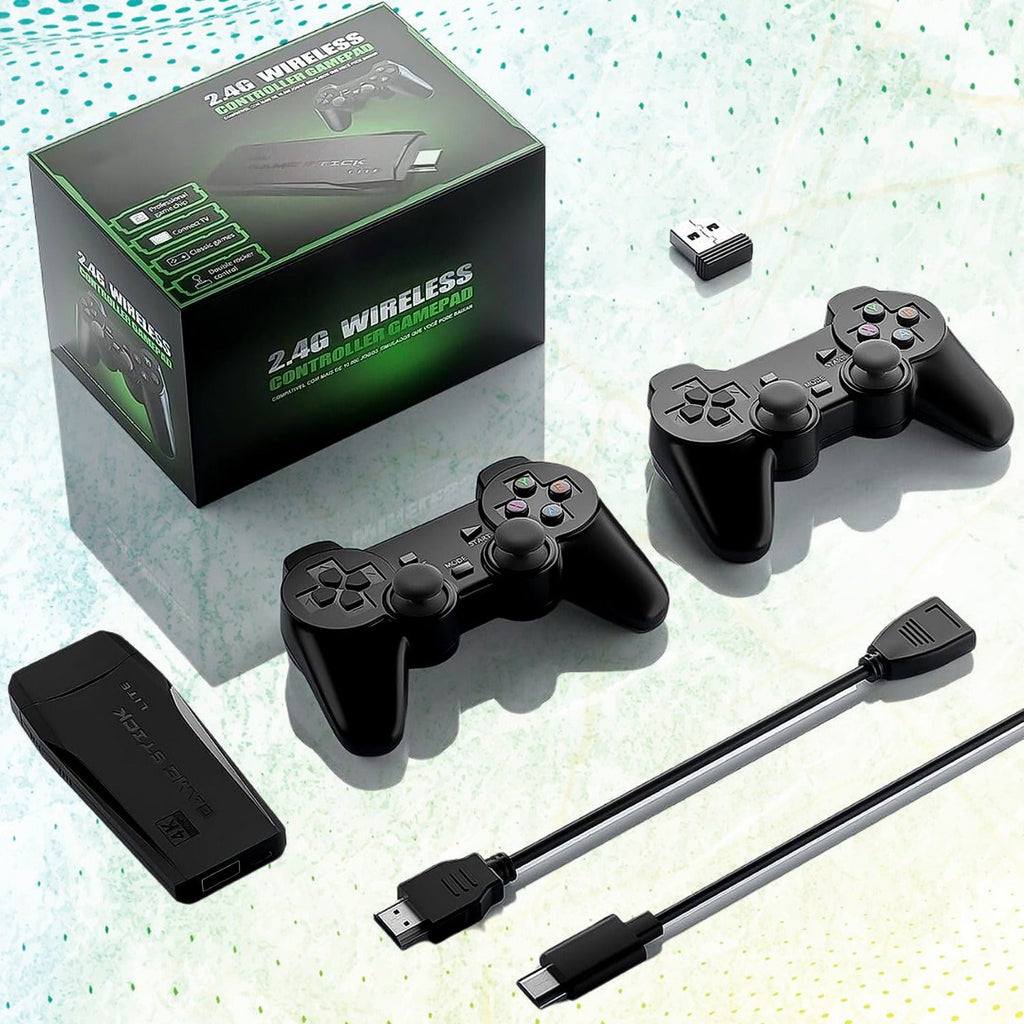 Wireless Gaming Console stick and two 2.4GHz controllers for dual player gaming.