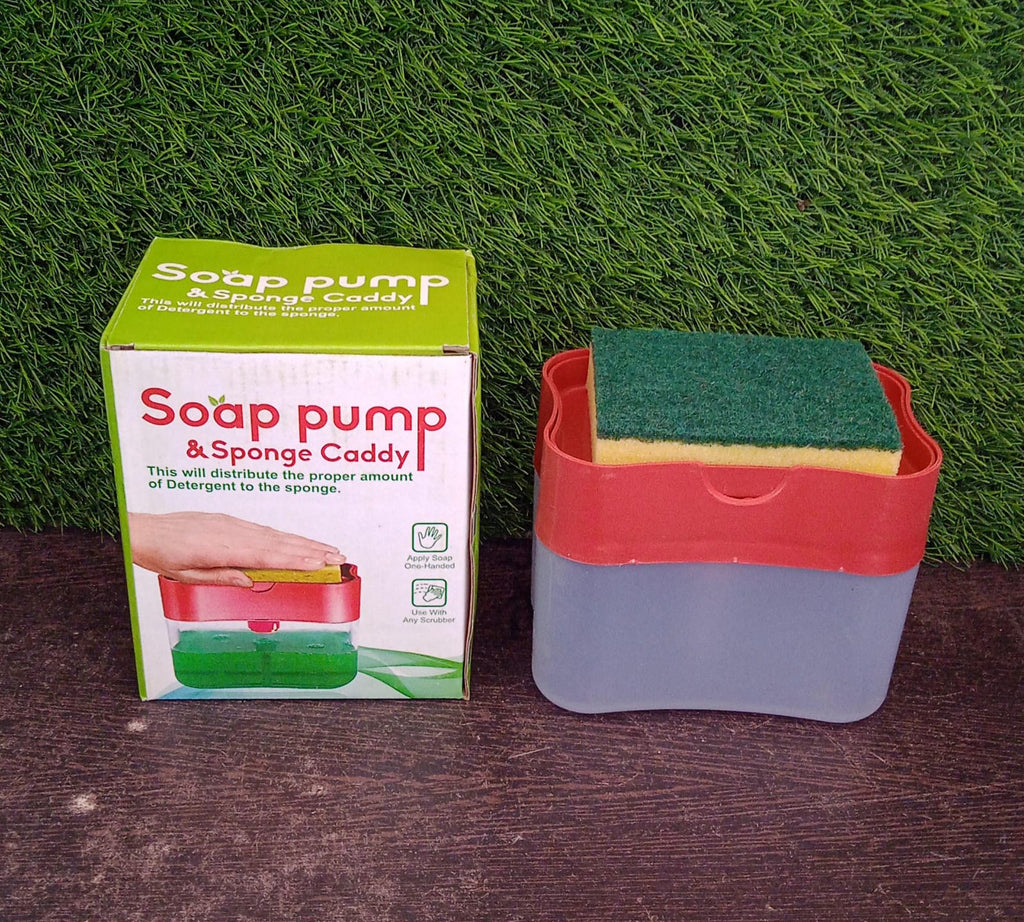 The 2-in-1 soap dispenser shown with a sponge in a kitchen setting.