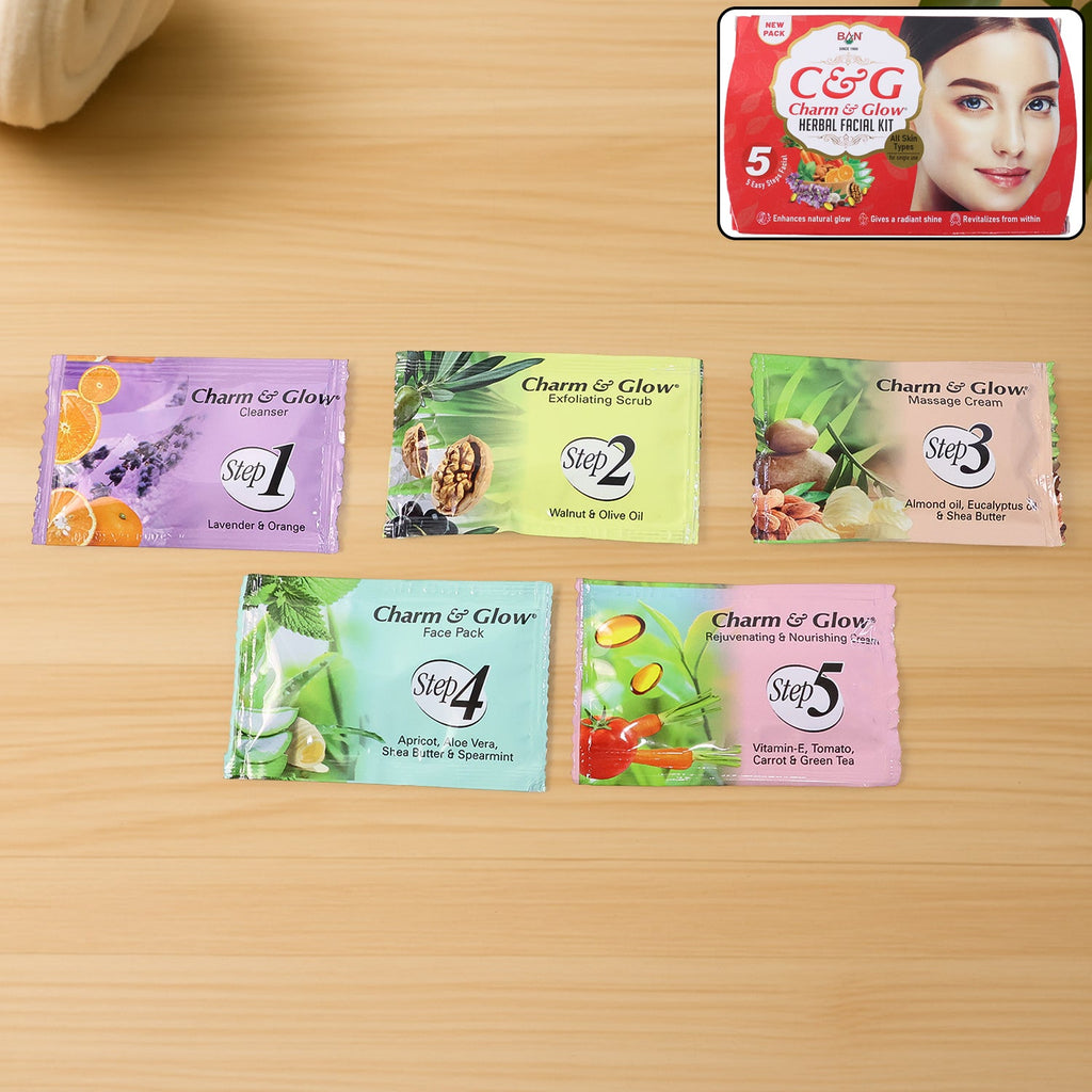 Herbal Facial Kit sachets and packages for 5-step skincare routine