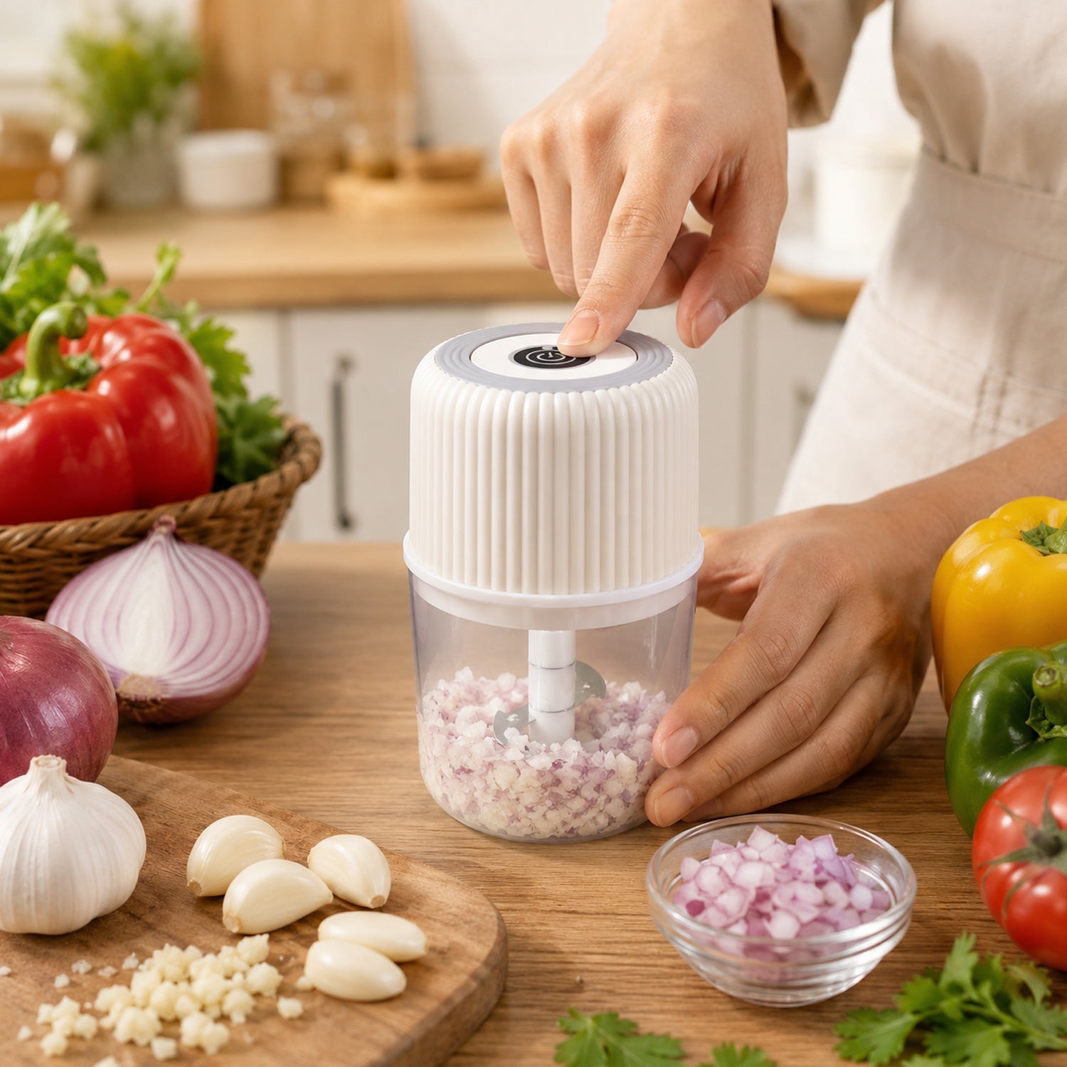 Chopping onions with electric garlic chopper