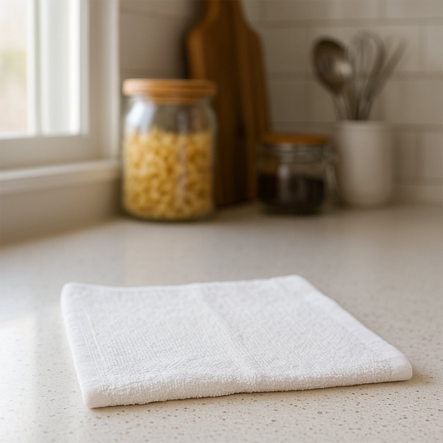 Microfiber cleaning cloth wiping kitchen countertop surface