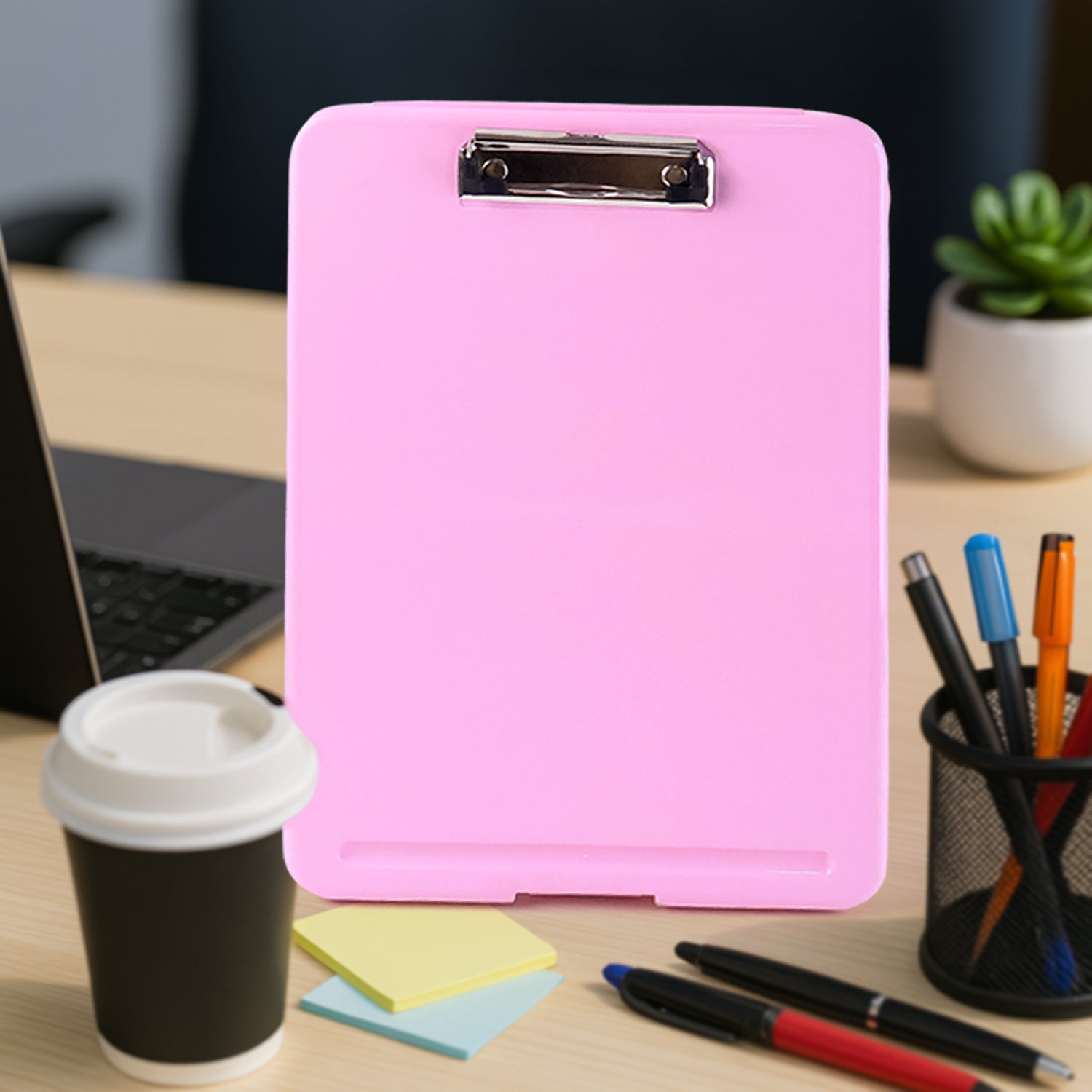 Opened A4 clipboard folder showing snap closure and storage compartment