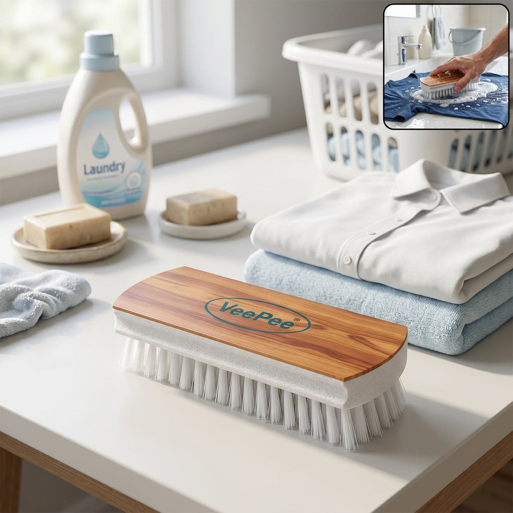 VeePee Heavy-Duty Cloth Washing Brush showing nylon bristles for cleaning