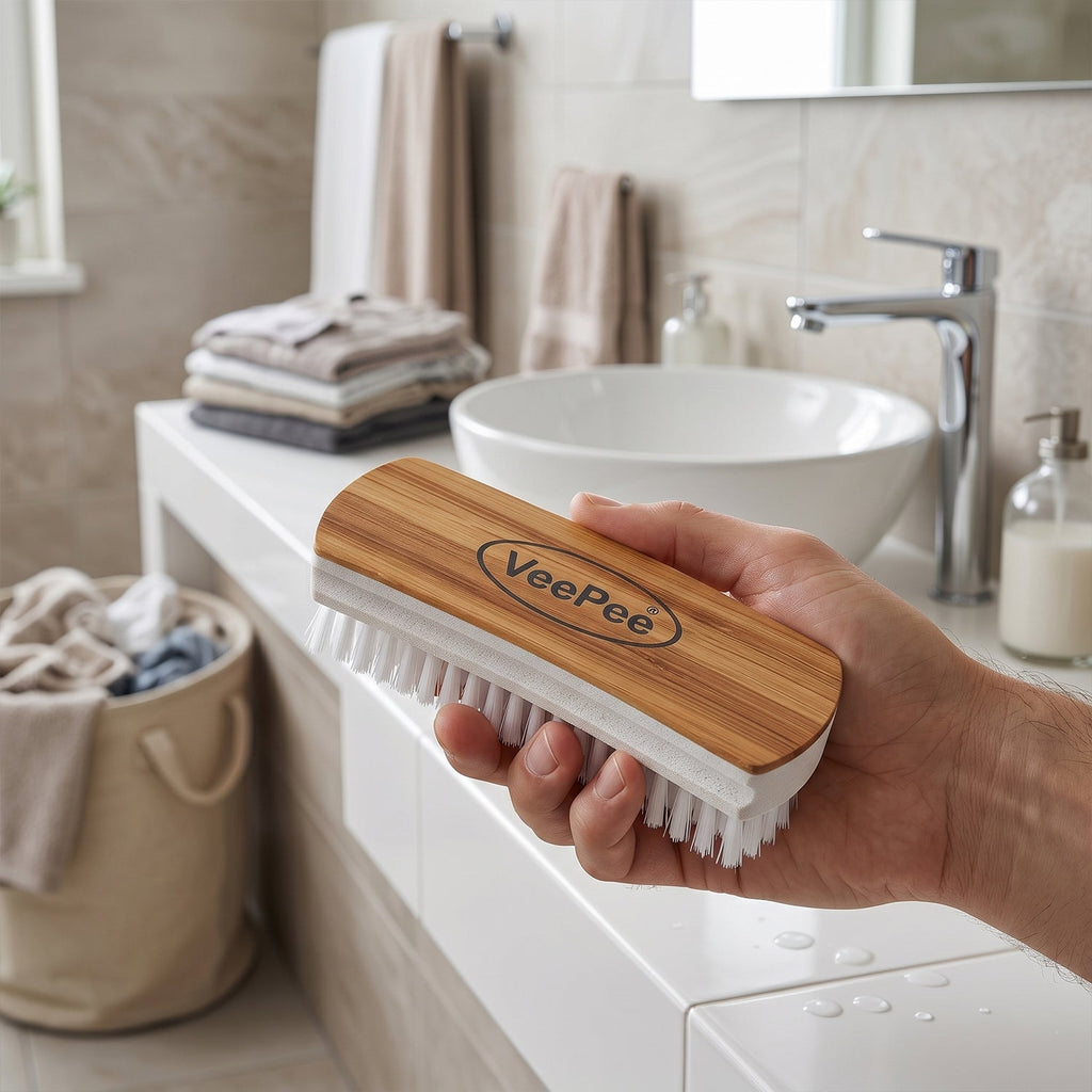 Top printed surface of VeePee heavy-duty cloth washing brush