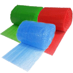 Close-up of a colorful air bubble packing roll, highlighting the protective bubbles.