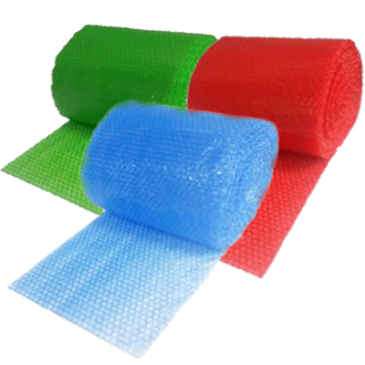 Close-up of a colorful air bubble packing roll, highlighting the protective bubbles.