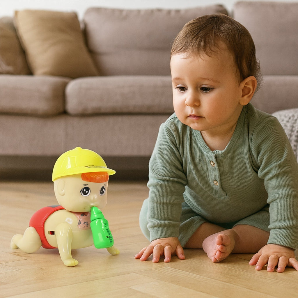 Realistic crawling baby toy designed to stimulate toddlers aged 3 and up