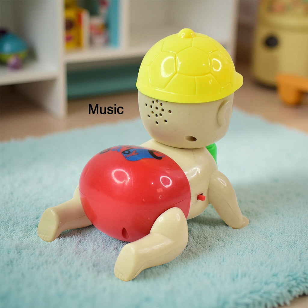 Close-up of toddler crawling baby toy with interactive music and lights features