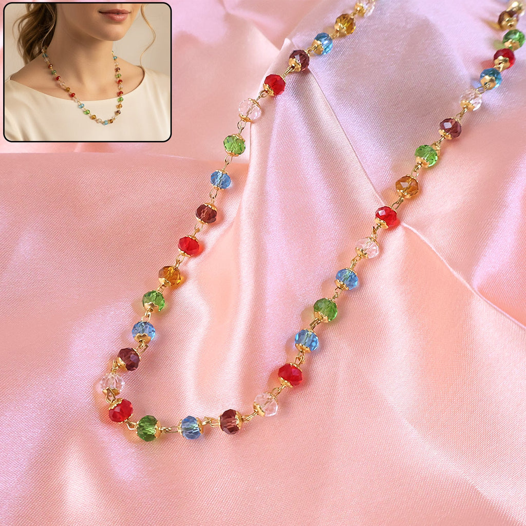 Multicolour crystal beaded necklace with gold-tone links sparkling elegantly